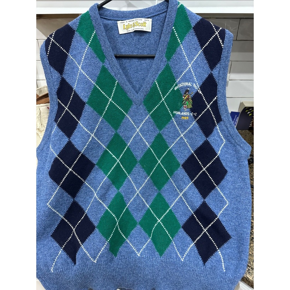 lyle and scott lambswool 1989 highlands cc argyle‎ sweatervest no size